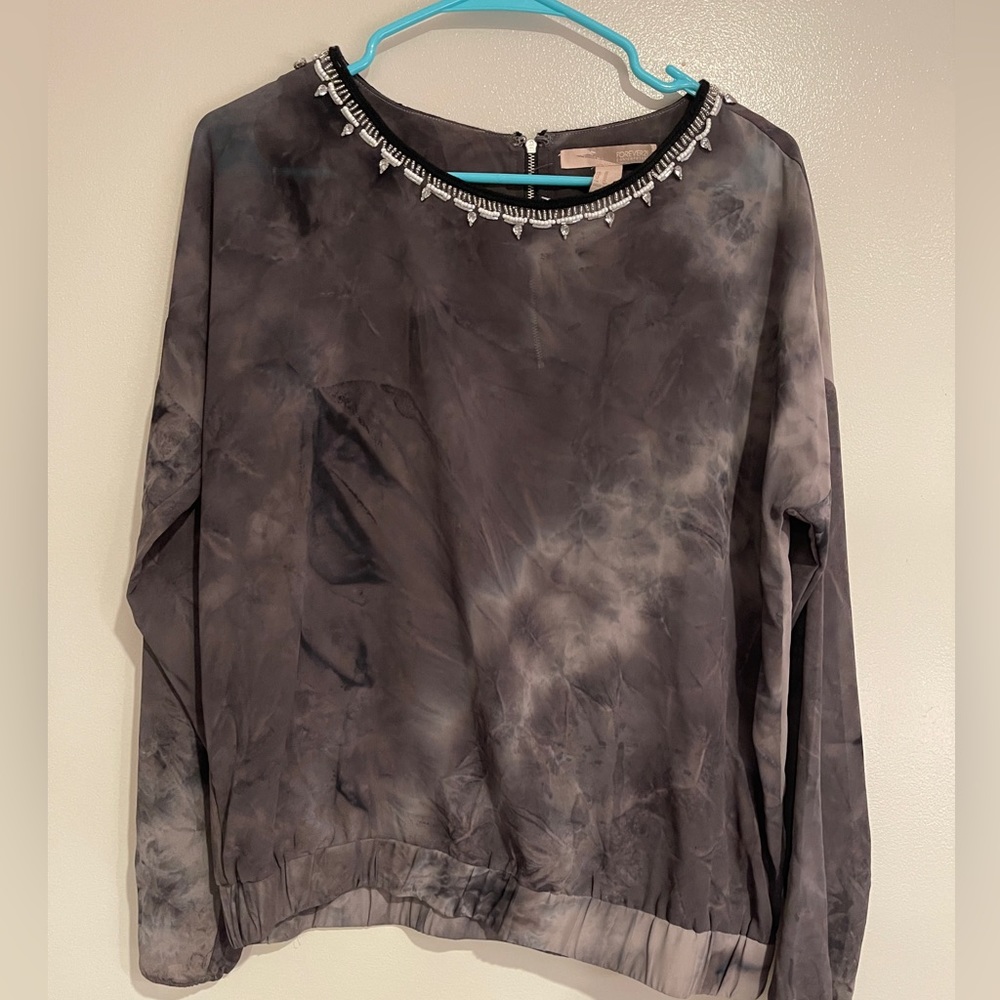 Long Sleeve Grey Sheer Blouse with Rhinestones Size M